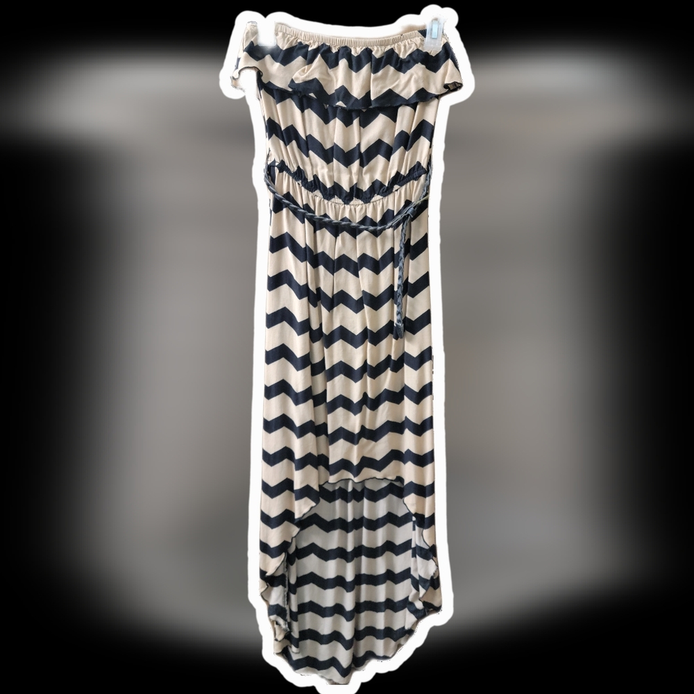Womens Black & Beige Chevron Strapless High Low Maxi Dress with Black Belt